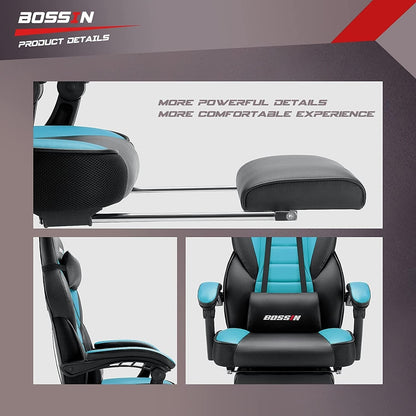 Chaise de jeu de style course BOSSIN, chaise de jeu pour joueurs grands et lourds (jusqu'à 136 kg), chaise de bureau à dossier haut.