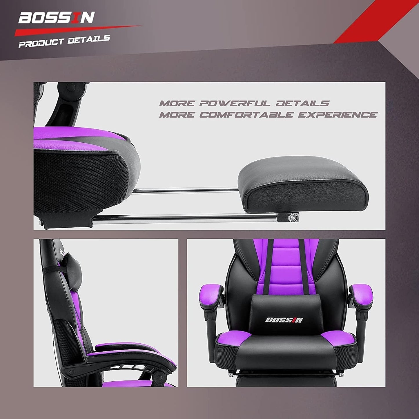 Chaise de jeu de style course BOSSIN, chaise de jeu pour joueurs grands et lourds (jusqu'à 136 kg), chaise de bureau à dossier haut.