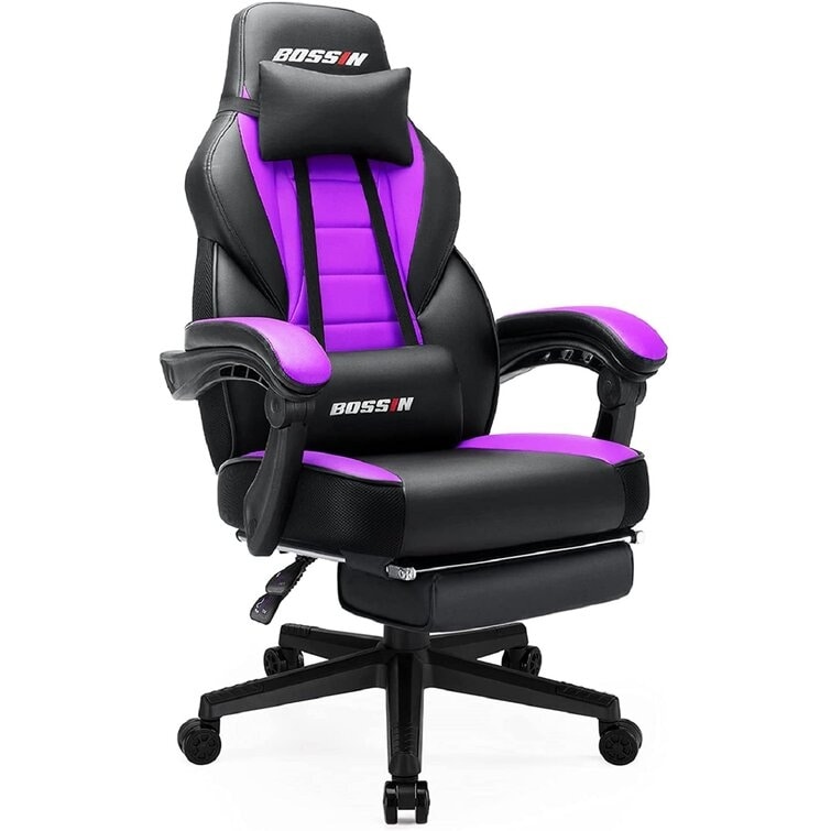 Chaise de jeu de style course BOSSIN, chaise de jeu pour joueurs grands et lourds (jusqu'à 136 kg), chaise de bureau à dossier haut.