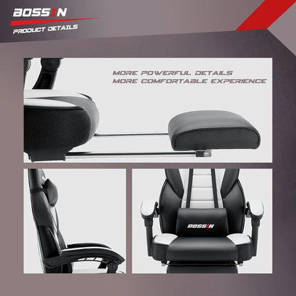 Chaise de jeu de style course BOSSIN, chaise de jeu pour joueurs grands et lourds (jusqu'à 136 kg), chaise de bureau à dossier haut.