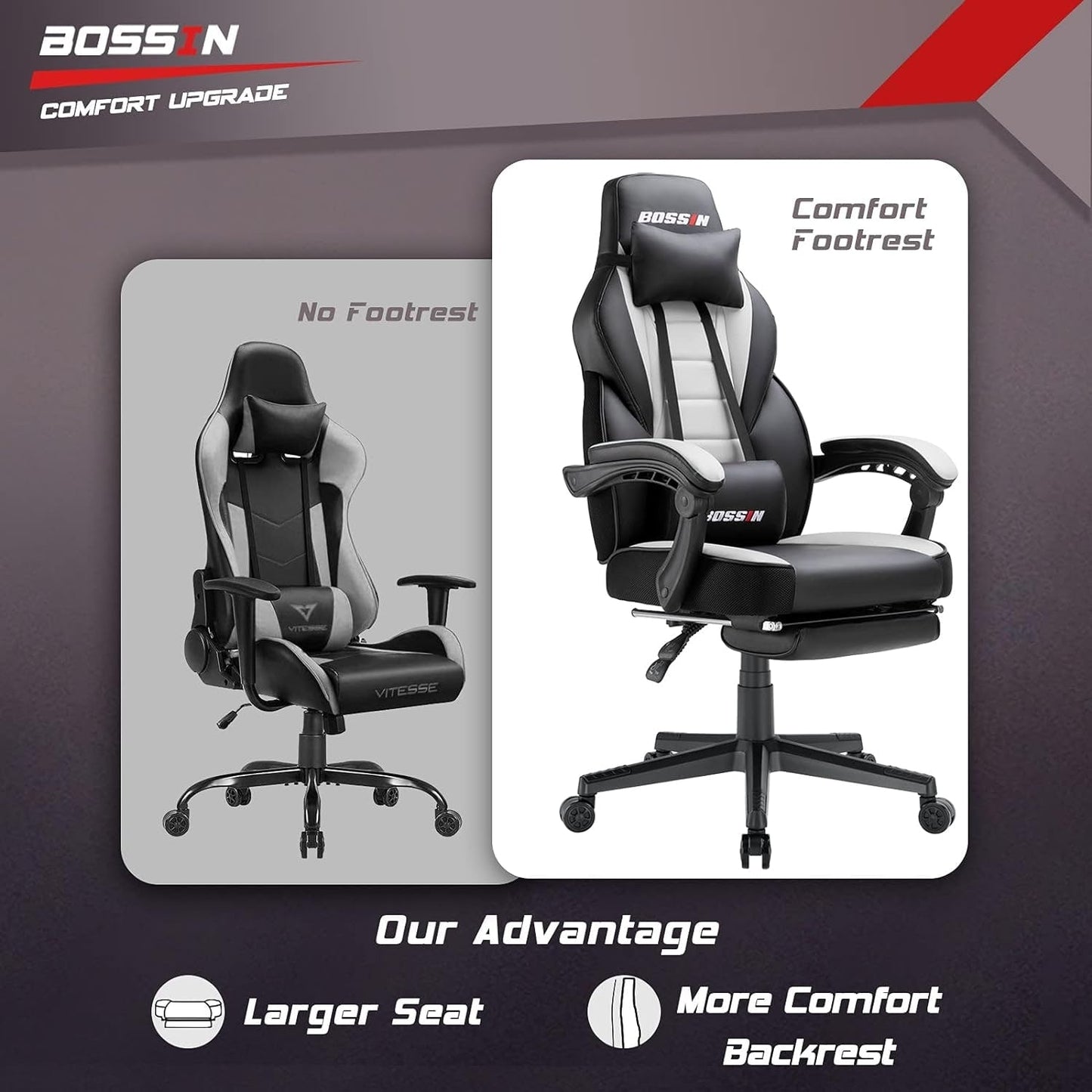Chaise de jeu de style course BOSSIN, chaise de jeu pour joueurs grands et lourds (jusqu'à 136 kg), chaise de bureau à dossier haut.