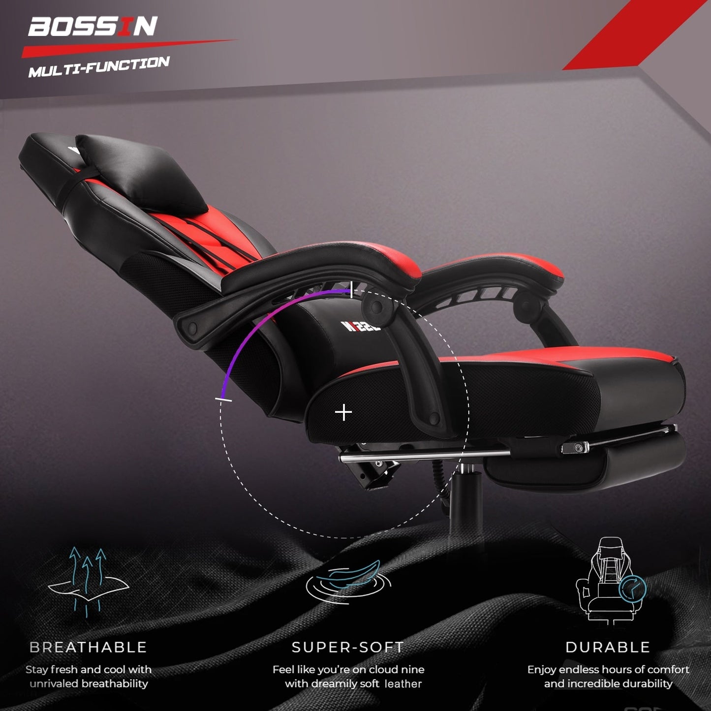 Chaise de jeu de style course BOSSIN, chaise de jeu pour joueurs grands et lourds (jusqu'à 136 kg), chaise de bureau à dossier haut.