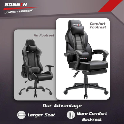 Chaise de jeu de style course BOSSIN, chaise de jeu pour joueurs grands et lourds (jusqu'à 136 kg), chaise de bureau à dossier haut.