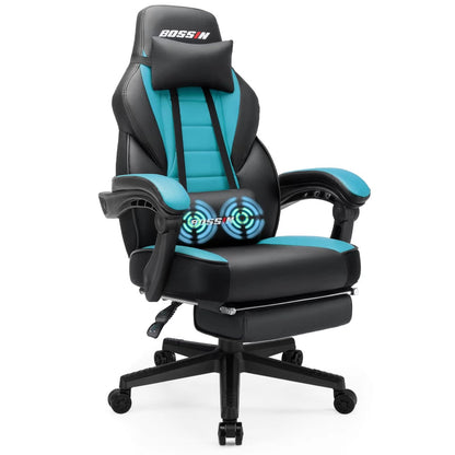 Chaise de jeu de style course BOSSIN, chaise de jeu pour joueurs grands et lourds (jusqu'à 136 kg), chaise de bureau à dossier haut.