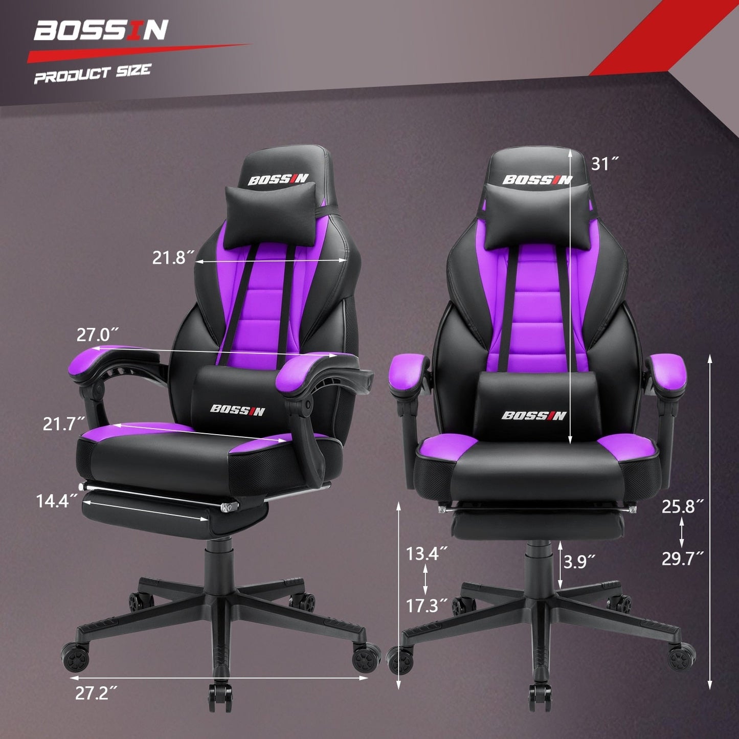 Chaise de jeu de style course BOSSIN, chaise de jeu pour joueurs grands et lourds (jusqu'à 136 kg), chaise de bureau à dossier haut.