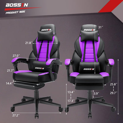 Chaise de jeu de style course BOSSIN, chaise de jeu pour joueurs grands et lourds (jusqu'à 136 kg), chaise de bureau à dossier haut.