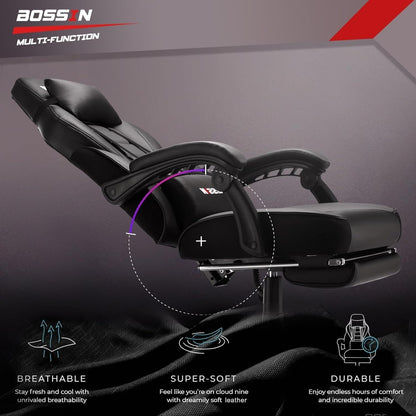 Chaise de jeu de style course BOSSIN, chaise de jeu pour joueurs grands et lourds (jusqu'à 136 kg), chaise de bureau à dossier haut.