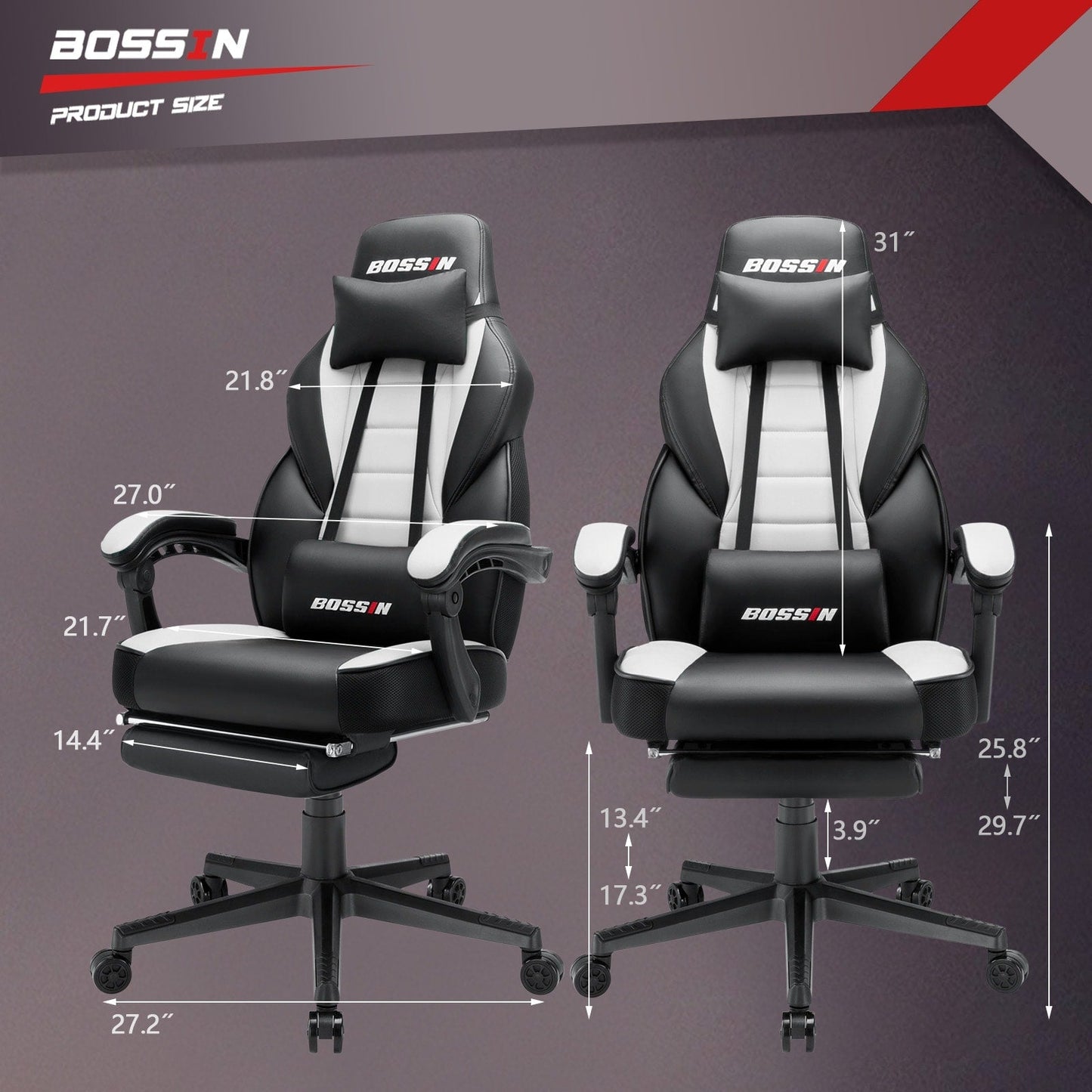 Chaise de jeu de style course BOSSIN, chaise de jeu pour joueurs grands et lourds (jusqu'à 136 kg), chaise de bureau à dossier haut.