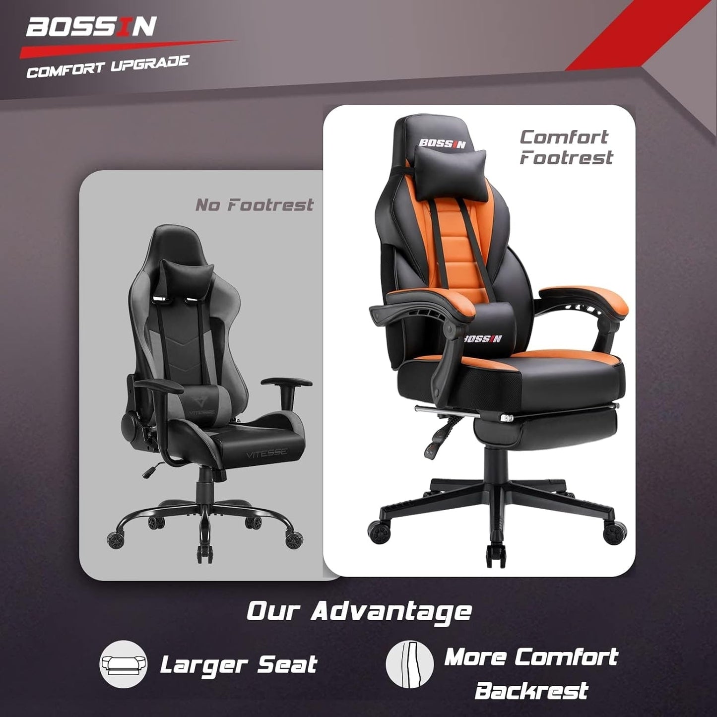 Chaise de jeu de style course BOSSIN, chaise de jeu pour joueurs grands et lourds (jusqu'à 136 kg), chaise de bureau à dossier haut.