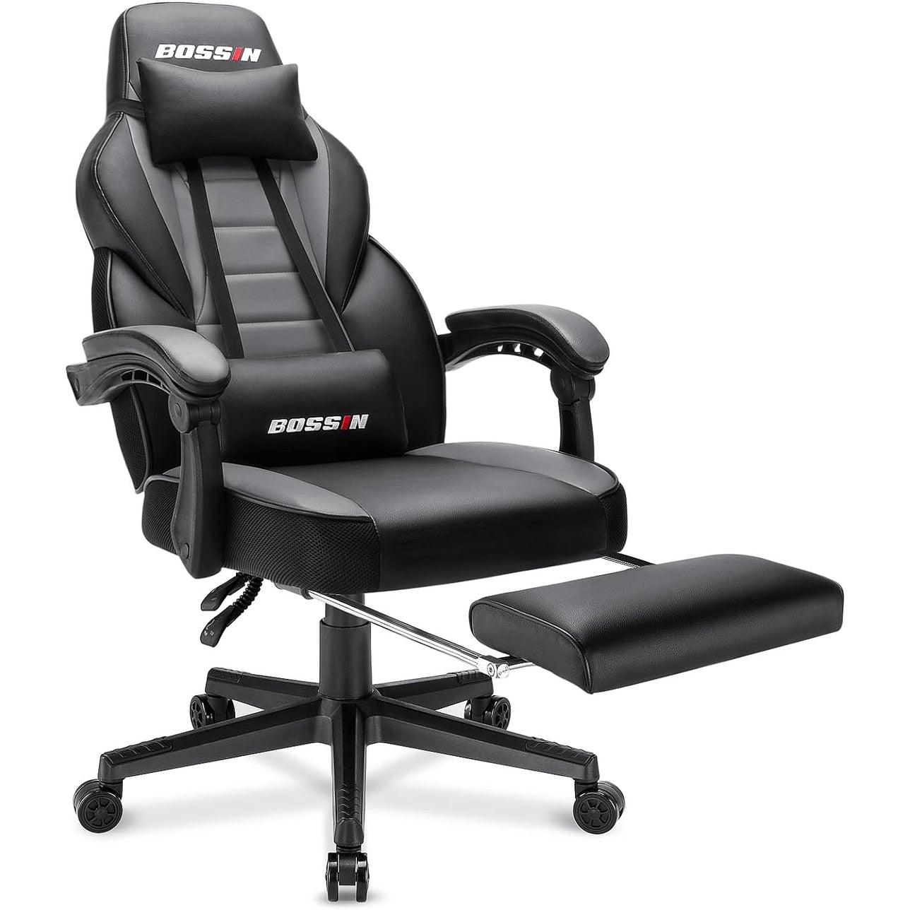 Chaise de jeu de style course BOSSIN, chaise de jeu pour joueurs grands et lourds (jusqu'à 136 kg), chaise de bureau à dossier haut.