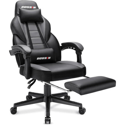 Chaise de jeu de style course BOSSIN, chaise de jeu pour joueurs grands et lourds (jusqu'à 136 kg), chaise de bureau à dossier haut.