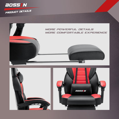 Chaise de jeu de style course BOSSIN, chaise de jeu pour joueurs grands et lourds (jusqu'à 136 kg), chaise de bureau à dossier haut.