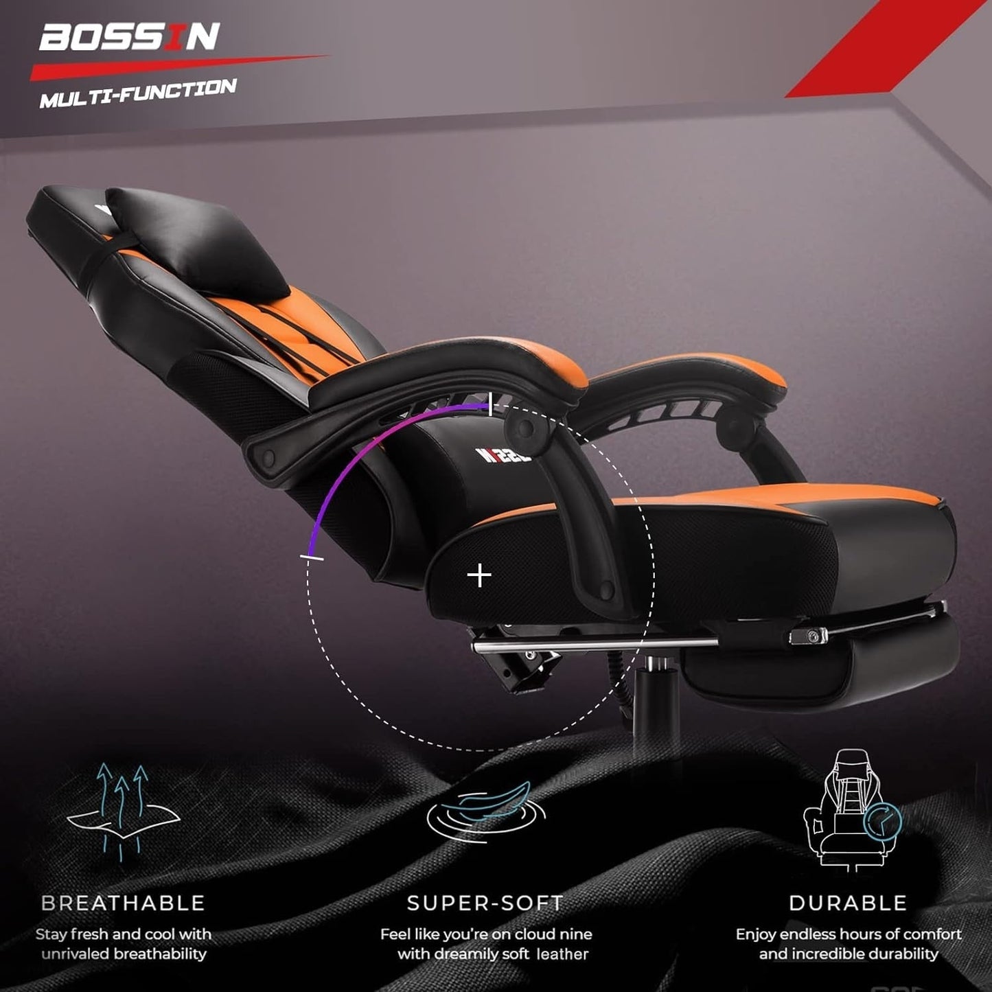 Chaise de jeu de style course BOSSIN, chaise de jeu pour joueurs grands et lourds (jusqu'à 136 kg), chaise de bureau à dossier haut.