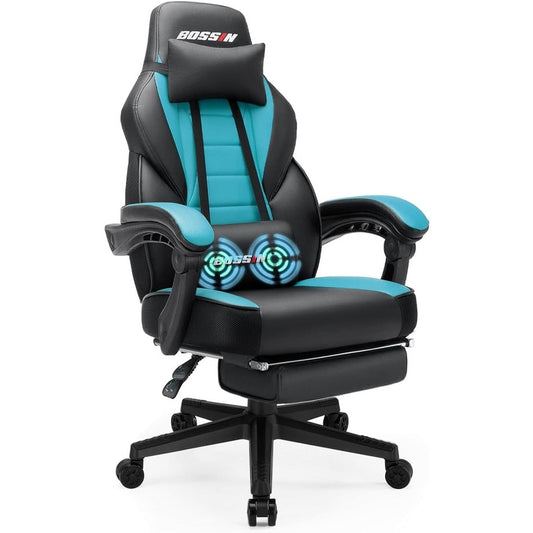 Chaise de jeu de style course BOSSIN, chaise de jeu pour joueurs grands et lourds (jusqu'à 136 kg), chaise de bureau à dossier haut.