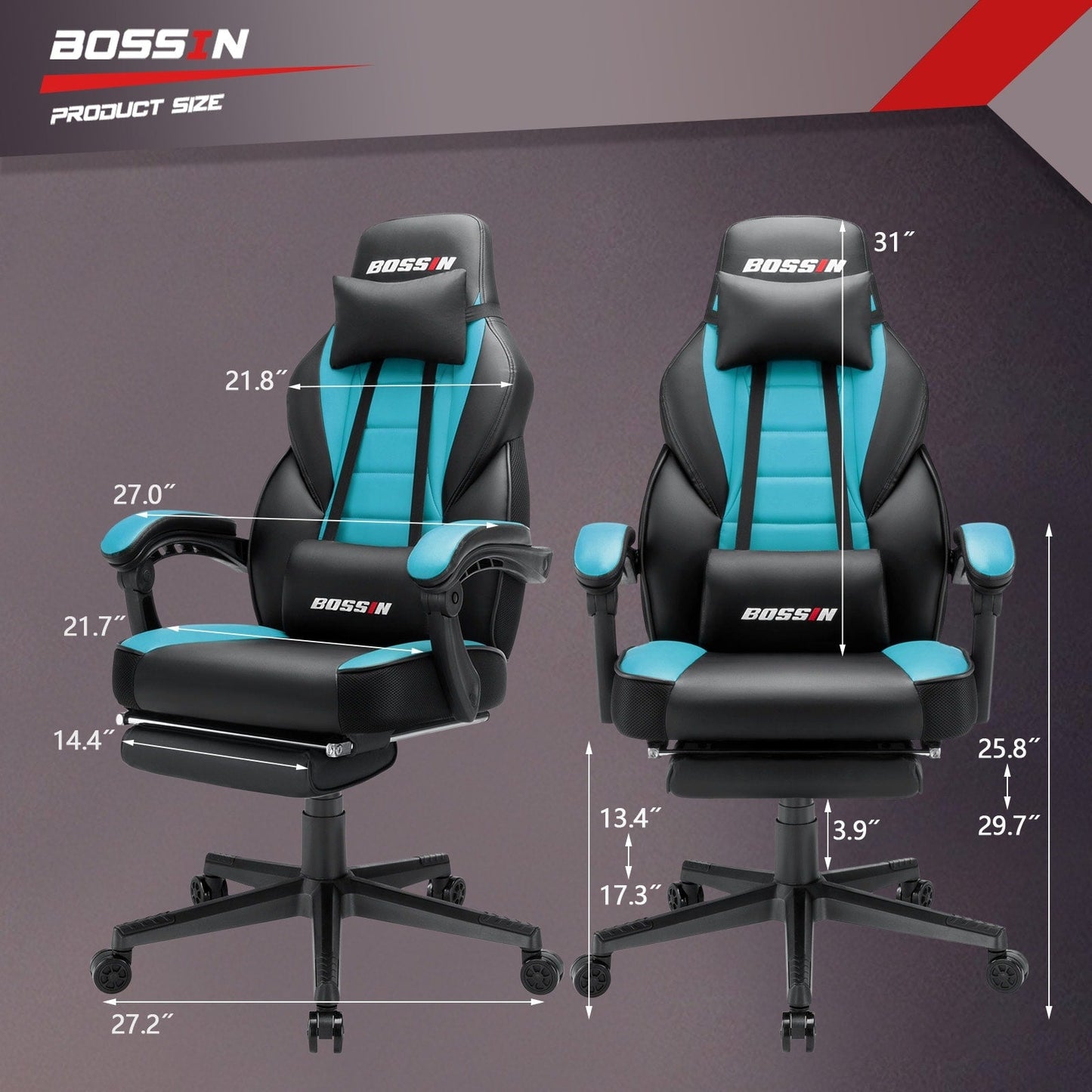 Chaise de jeu de style course BOSSIN, chaise de jeu pour joueurs grands et lourds (jusqu'à 136 kg), chaise de bureau à dossier haut.