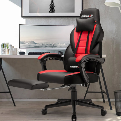 Chaise de jeu de style course BOSSIN, chaise de jeu pour joueurs grands et lourds (jusqu'à 136 kg), chaise de bureau à dossier haut.