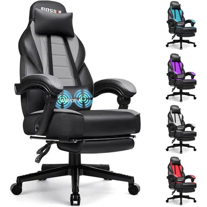 Chaise de jeu de style course BOSSIN, chaise de jeu pour joueurs grands et lourds (jusqu'à 136 kg), chaise de bureau à dossier haut.
