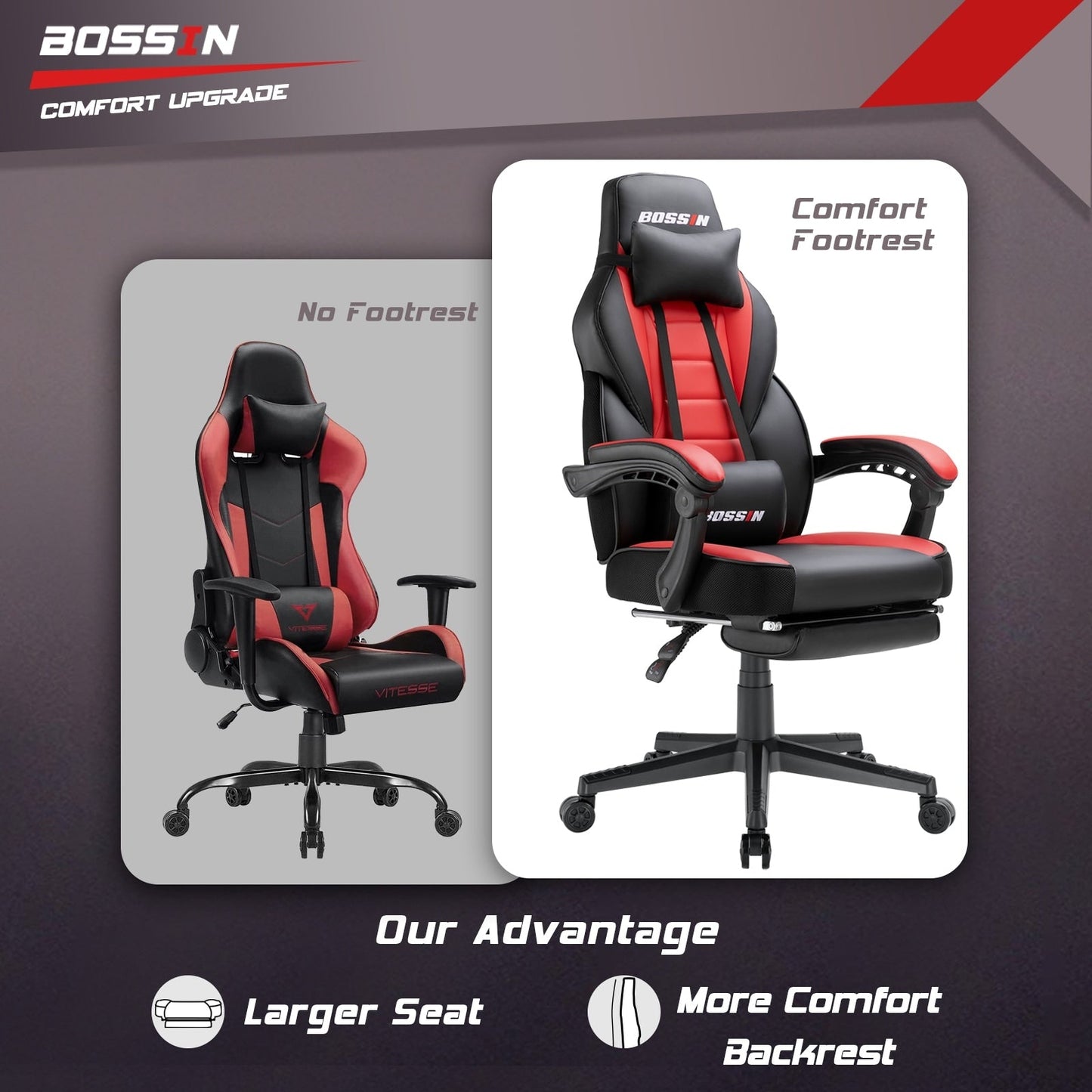 Chaise de jeu de style course BOSSIN, chaise de jeu pour joueurs grands et lourds (jusqu'à 136 kg), chaise de bureau à dossier haut.