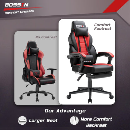 Chaise de jeu de style course BOSSIN, chaise de jeu pour joueurs grands et lourds (jusqu'à 136 kg), chaise de bureau à dossier haut.