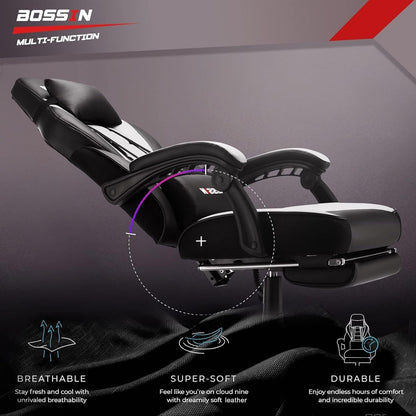 Chaise de jeu de style course BOSSIN, chaise de jeu pour joueurs grands et lourds (jusqu'à 136 kg), chaise de bureau à dossier haut.
