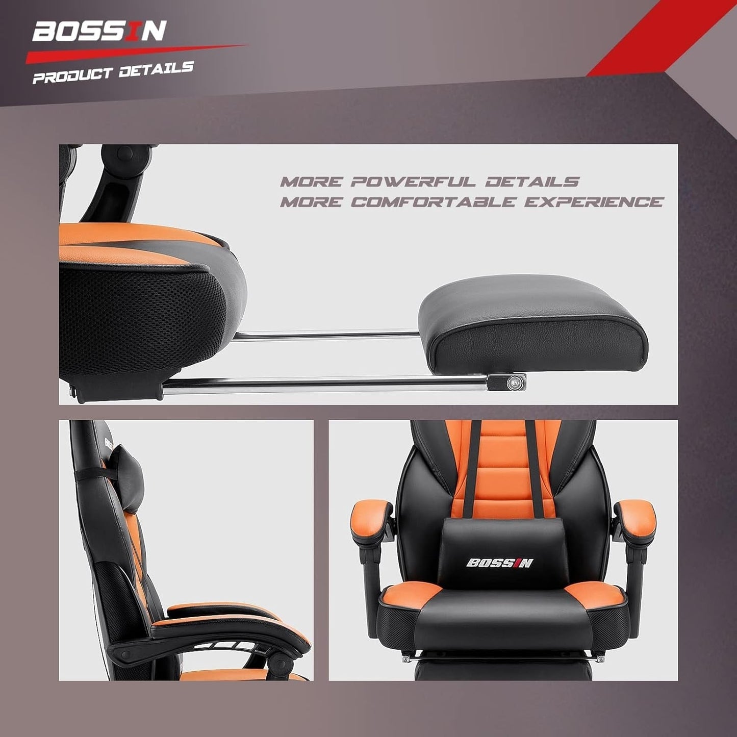Chaise de jeu de style course BOSSIN, chaise de jeu pour joueurs grands et lourds (jusqu'à 136 kg), chaise de bureau à dossier haut.