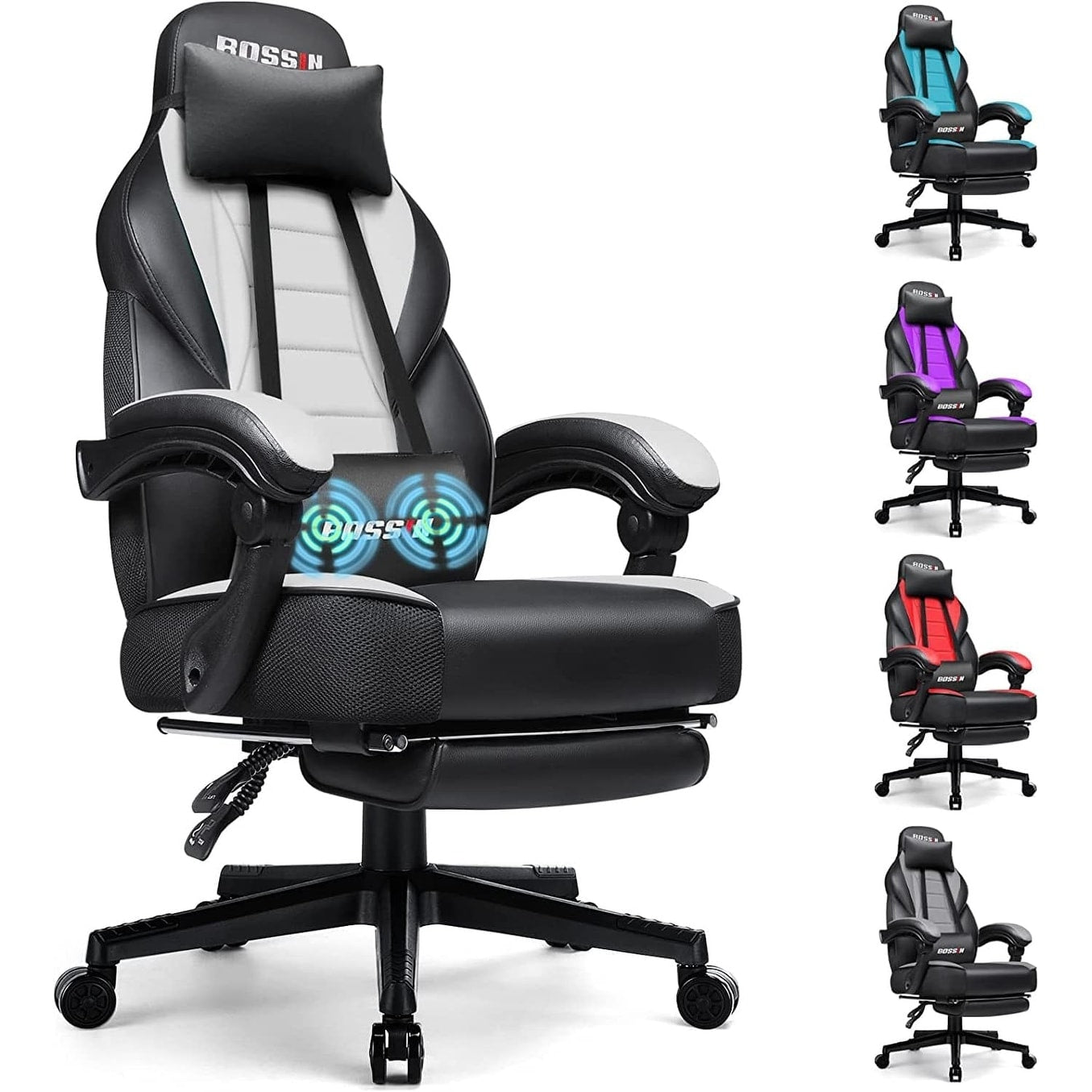 Chaise de jeu de style course BOSSIN, chaise de jeu pour joueurs grands et lourds (jusqu'à 136 kg), chaise de bureau à dossier haut.