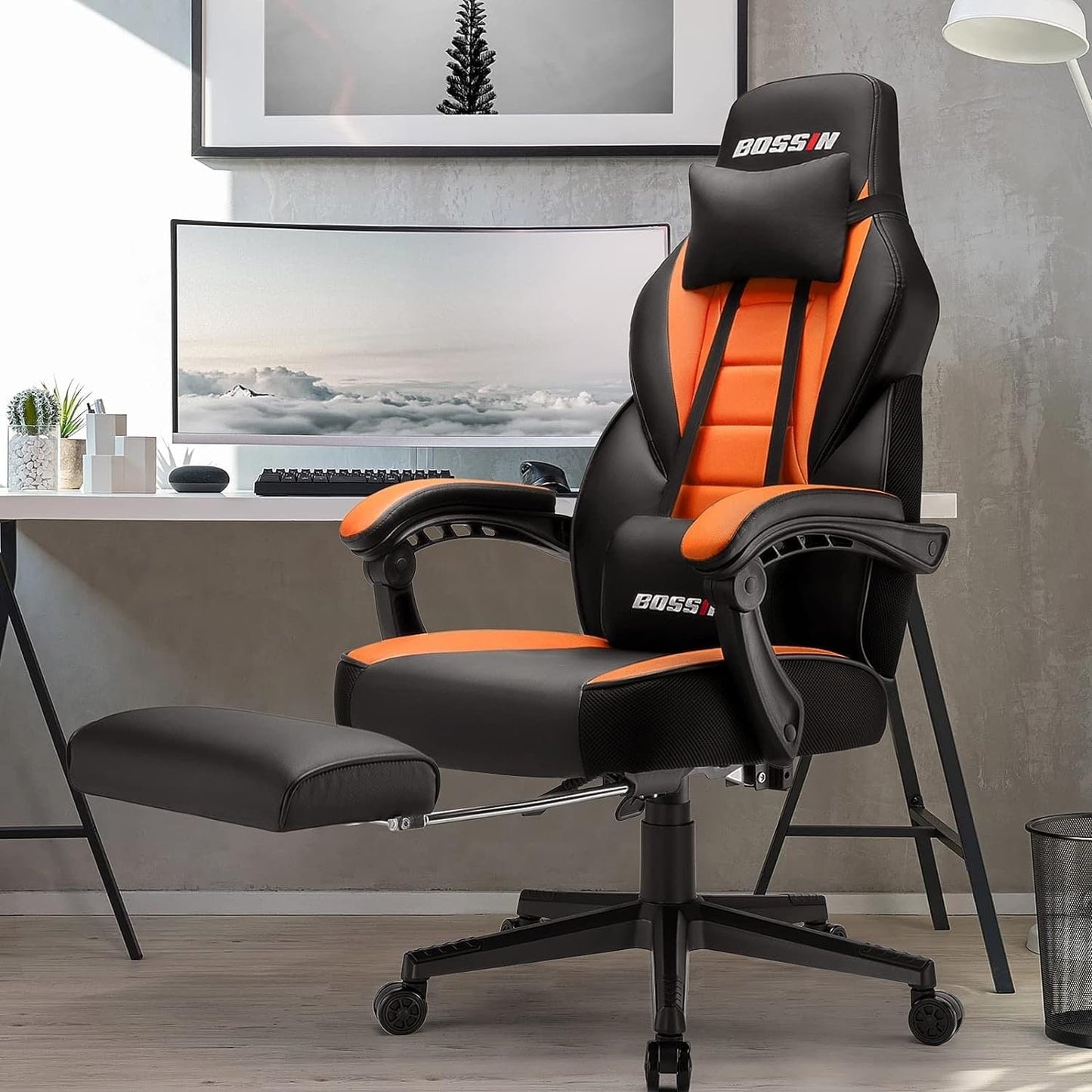 Chaise de jeu de style course BOSSIN, chaise de jeu pour joueurs grands et lourds (jusqu'à 136 kg), chaise de bureau à dossier haut.