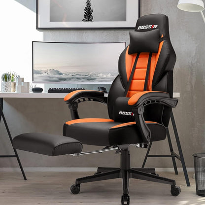 Chaise de jeu de style course BOSSIN, chaise de jeu pour joueurs grands et lourds (jusqu'à 136 kg), chaise de bureau à dossier haut.