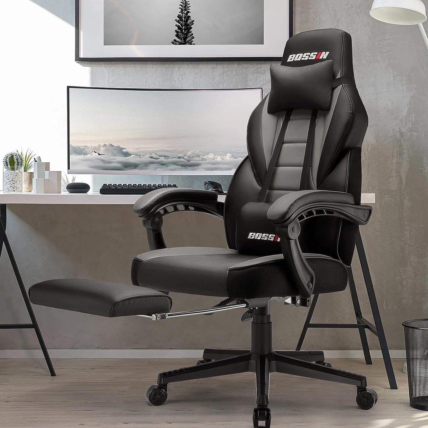 Chaise de jeu de style course BOSSIN, chaise de jeu pour joueurs grands et lourds (jusqu'à 136 kg), chaise de bureau à dossier haut.