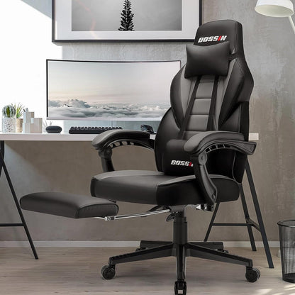 Chaise de jeu de style course BOSSIN, chaise de jeu pour joueurs grands et lourds (jusqu'à 136 kg), chaise de bureau à dossier haut.