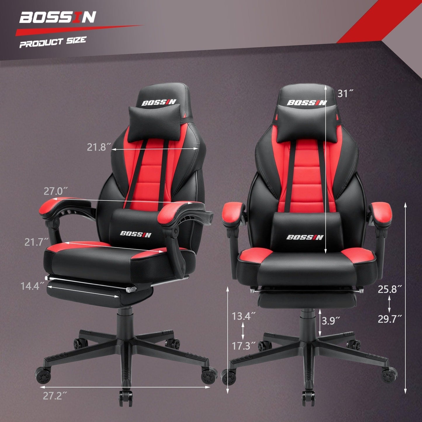 Chaise de jeu de style course BOSSIN, chaise de jeu pour joueurs grands et lourds (jusqu'à 136 kg), chaise de bureau à dossier haut.