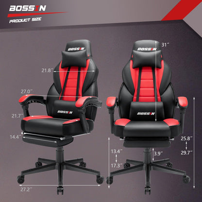 Chaise de jeu de style course BOSSIN, chaise de jeu pour joueurs grands et lourds (jusqu'à 136 kg), chaise de bureau à dossier haut.