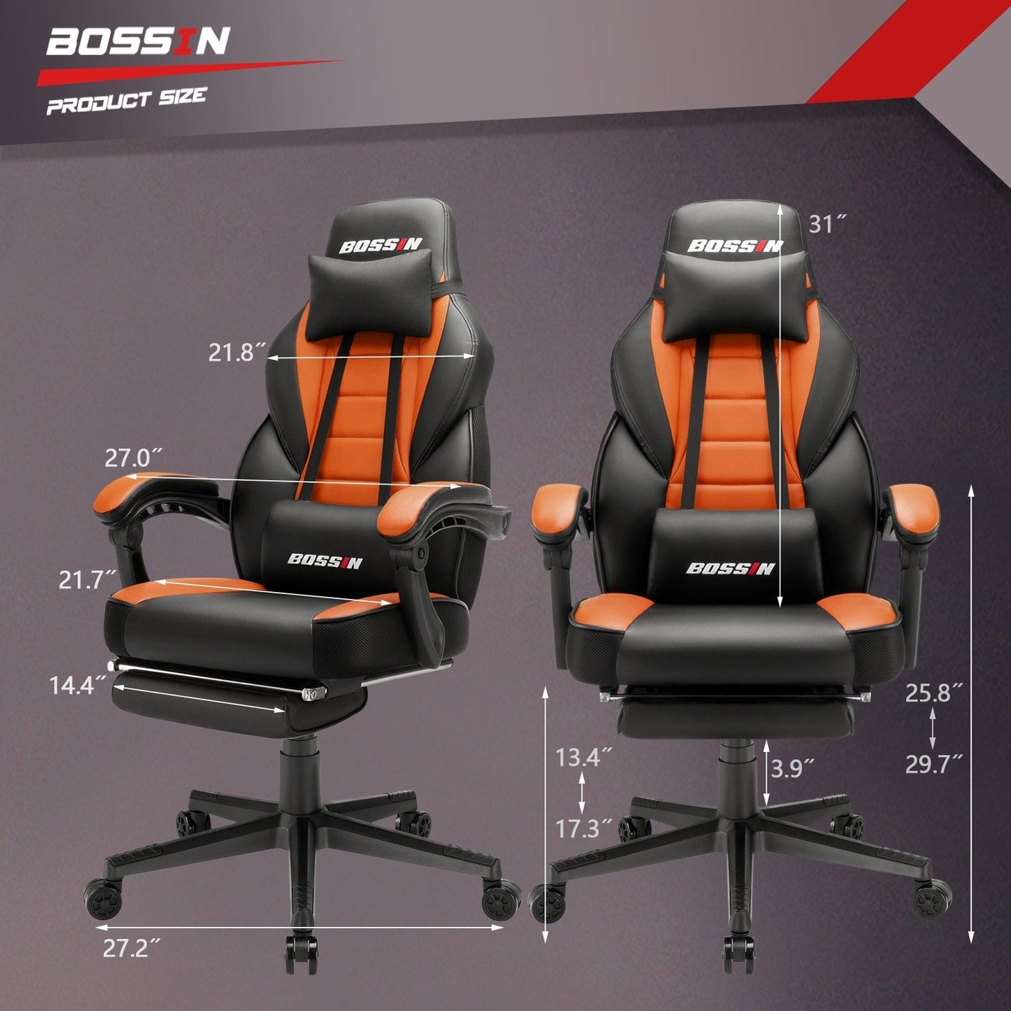Chaise de jeu de style course BOSSIN, chaise de jeu pour joueurs grands et lourds (jusqu'à 136 kg), chaise de bureau à dossier haut.