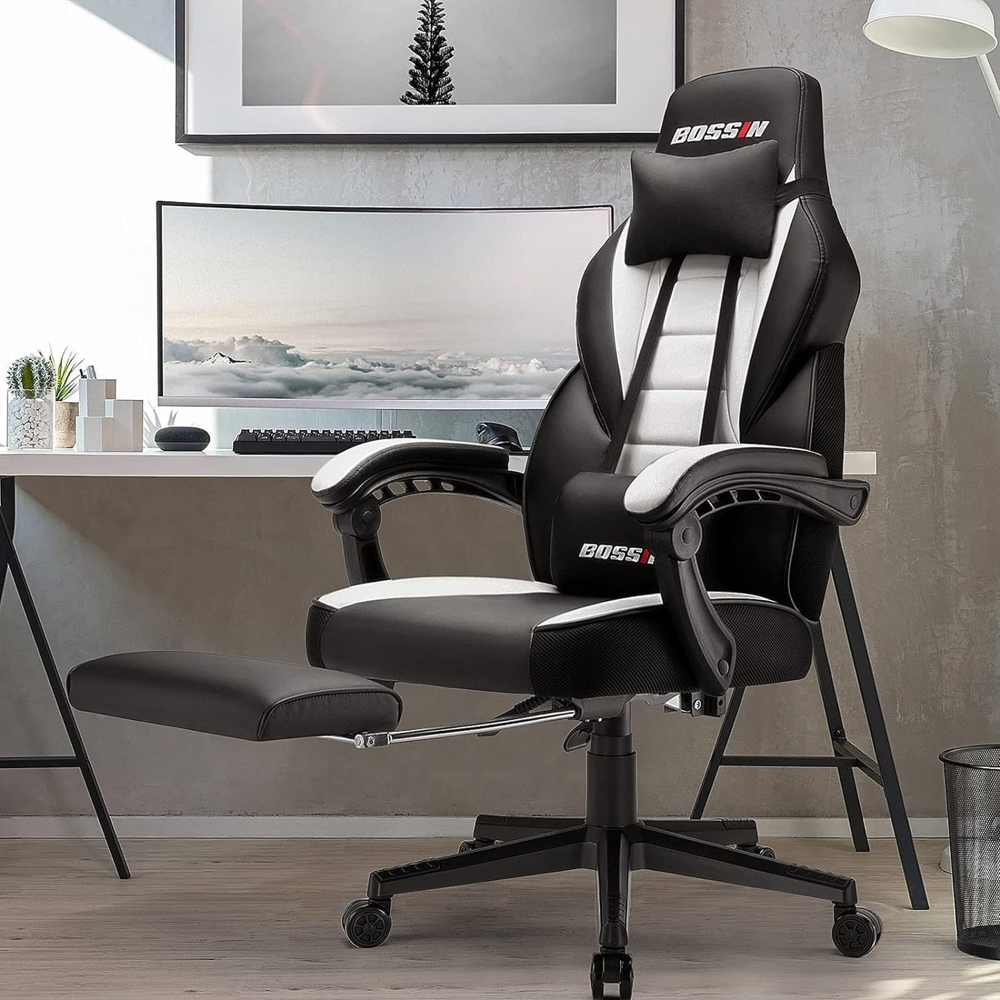 Chaise de jeu de style course BOSSIN, chaise de jeu pour joueurs grands et lourds (jusqu'à 136 kg), chaise de bureau à dossier haut.