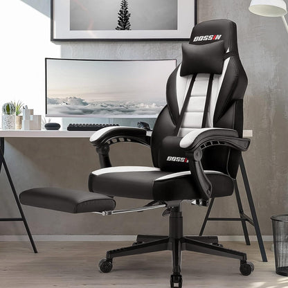 Chaise de jeu de style course BOSSIN, chaise de jeu pour joueurs grands et lourds (jusqu'à 136 kg), chaise de bureau à dossier haut.