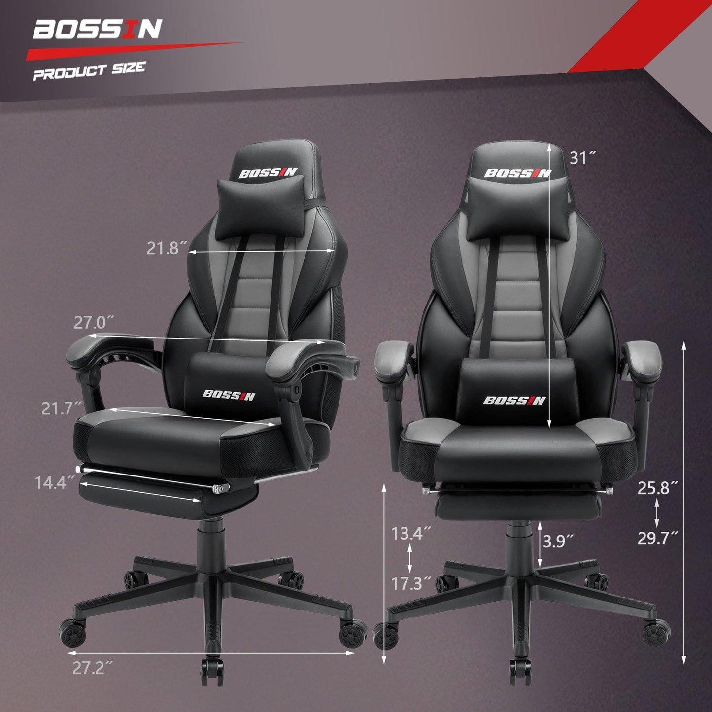 Chaise de jeu de style course BOSSIN, chaise de jeu pour joueurs grands et lourds (jusqu'à 136 kg), chaise de bureau à dossier haut.