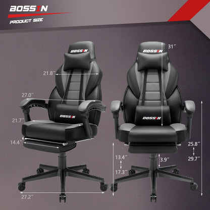 Chaise de jeu de style course BOSSIN, chaise de jeu pour joueurs grands et lourds (jusqu'à 136 kg), chaise de bureau à dossier haut.