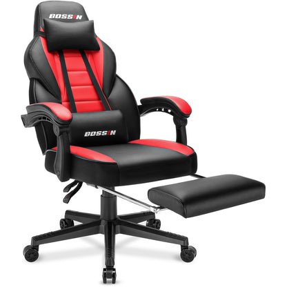 Chaise de jeu de style course BOSSIN, chaise de jeu pour joueurs grands et lourds (jusqu'à 136 kg), chaise de bureau à dossier haut.