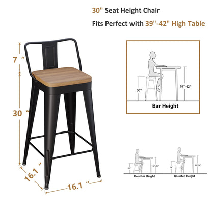 Tabourets de bar avec dossier, lot de 4, tabourets de bar industriels en métal avec assises en bois