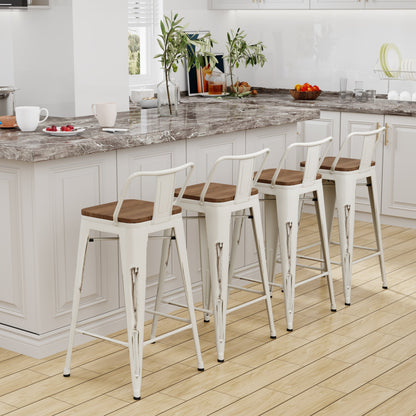 Tabourets de bar avec dossier, lot de 4, tabourets de bar industriels en métal avec assises en bois