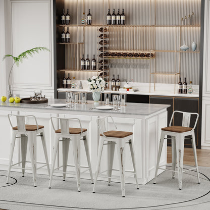 Tabourets de bar avec dossier, lot de 4, tabourets de bar industriels en métal avec assises en bois