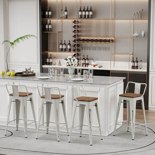 Tabourets de bar avec dossier, lot de 4, tabourets de bar industriels en métal avec assises en bois