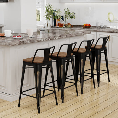 Tabourets de bar avec dossier, lot de 4, tabourets de bar industriels en métal avec assises en bois