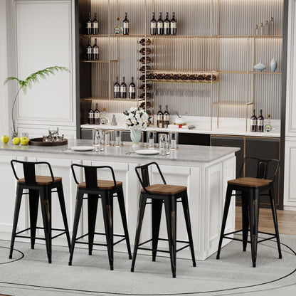 Tabourets de bar avec dossier, lot de 4, tabourets de bar industriels en métal avec assises en bois