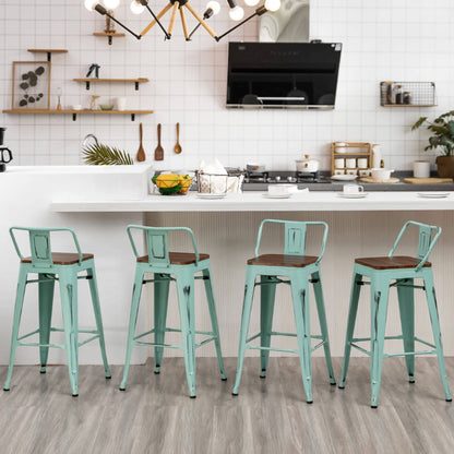 Tabourets de bar avec dossier, lot de 4, tabourets de bar industriels en métal avec assises en bois