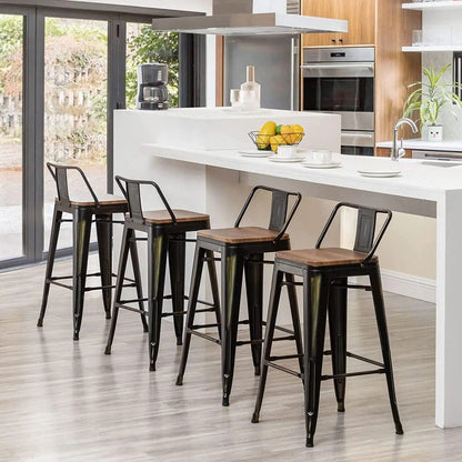 Tabourets de bar avec dossier, lot de 4, tabourets de bar industriels en métal avec assises en bois