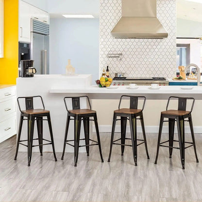 Tabourets de bar avec dossier, lot de 4, tabourets de bar industriels en métal avec assises en bois