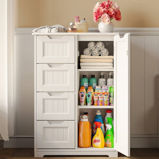 Meuble de rangement pour salle de bain, meuble de rangement au sol avec 4 tiroirs et étagère réglable