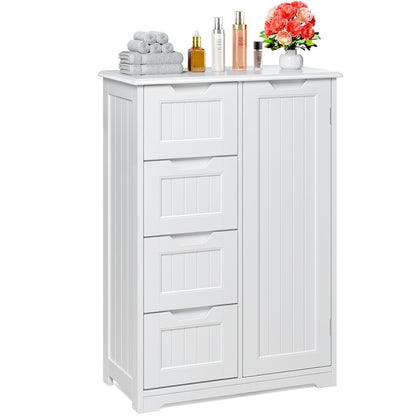 Meuble de rangement pour salle de bain, meuble de rangement au sol avec 4 tiroirs et étagère réglable