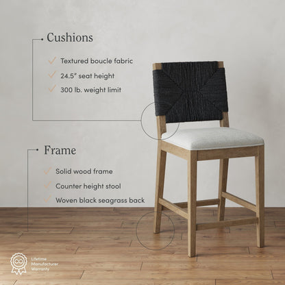 Tabouret de bar Beacon Bohemian Boucle, chaise de comptoir rembourrée avec cadre en bois massif et dossier en jonc tressé.
